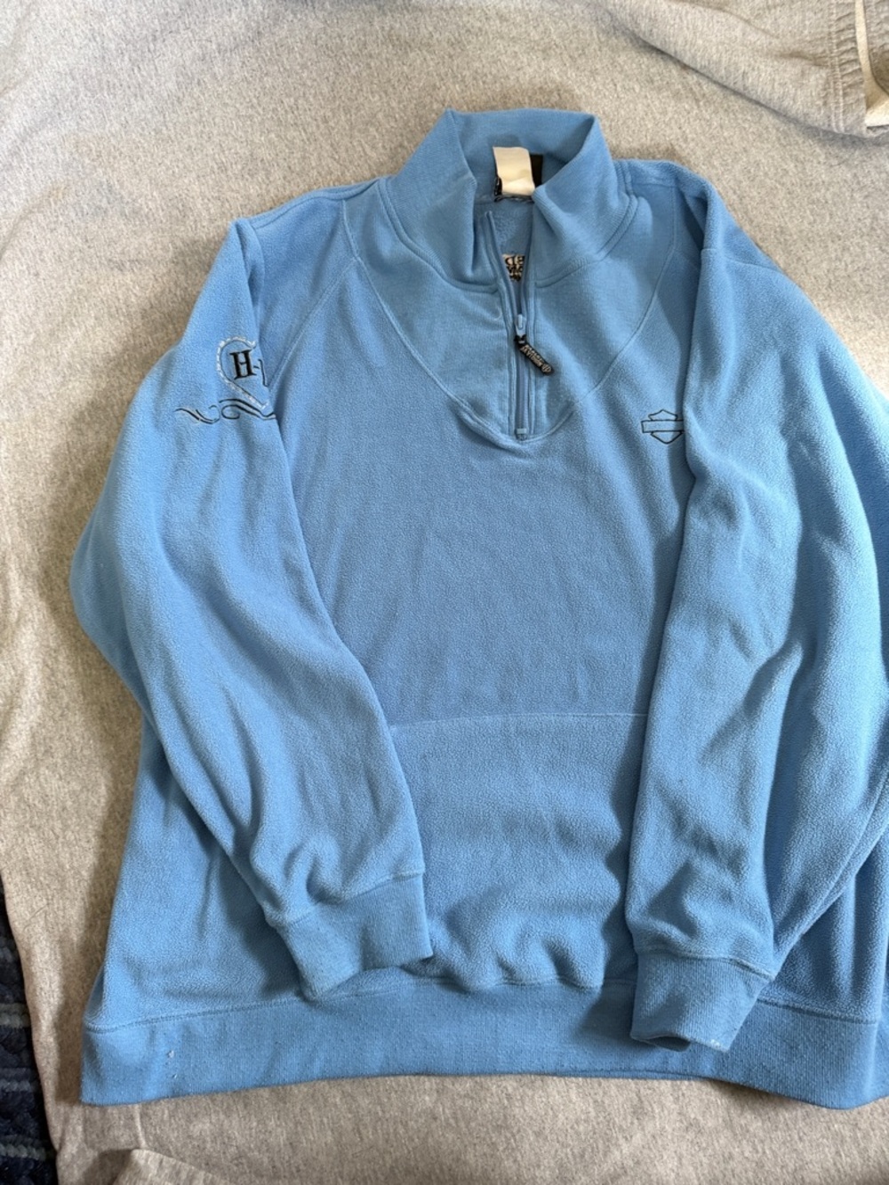 Harley-Davidson Light Blue Sweatshirt with Black & Orange Logo Tag